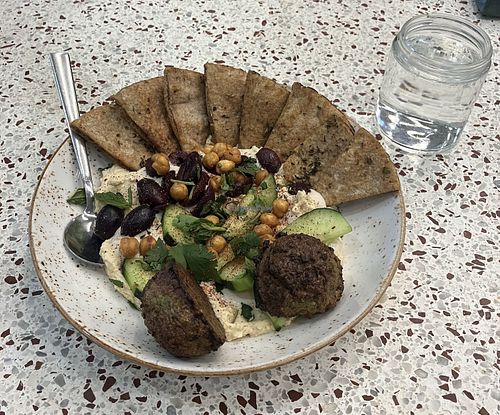 Hummus plate with added falafell  at Life Alive Organic Cafe in Boston