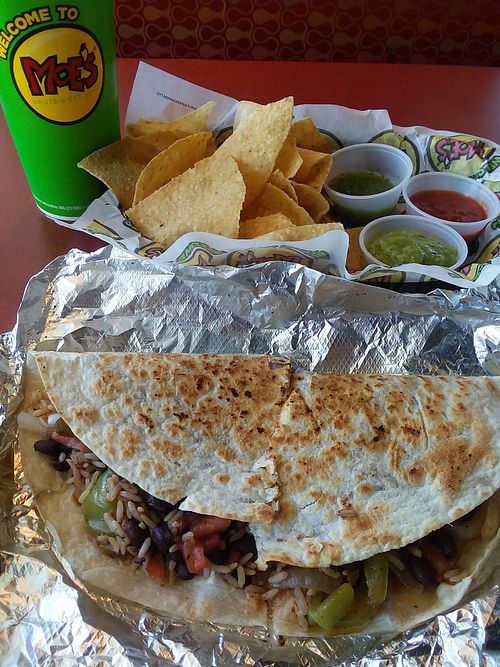 Quesadilla with no cheese. I added rice, beans, veggies, tofu. at Moe's Southwest Grill - Naples Blvd in Naples