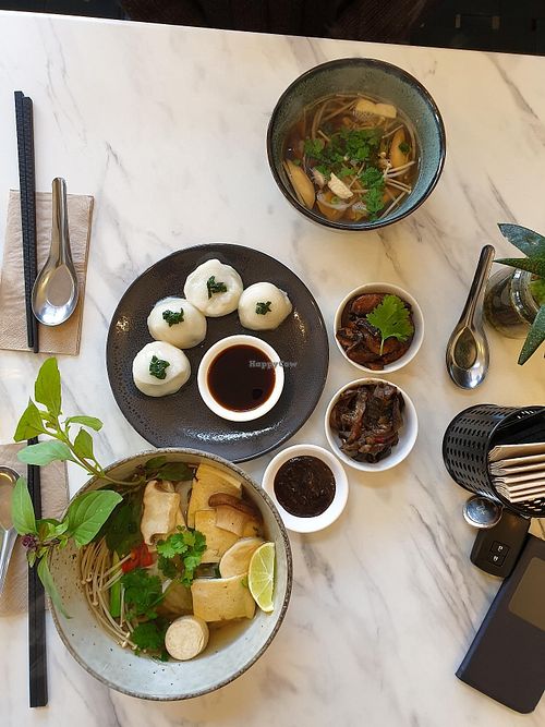 Dumplings, pho, mushroom broth at Mettā Sol in Goodwood