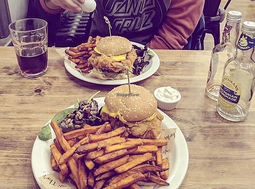 chicken burger with sweet potato fries at Cafe Thrive in Bournemouth