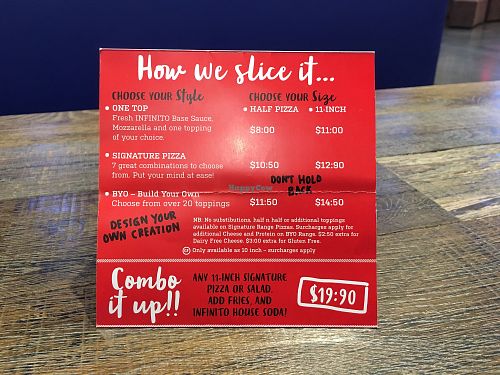 Menu  at Infinito in Christchurch