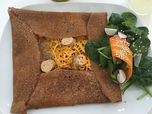 Vegan buckwheat crepe with tofu sausage and vegan cheese at Maria Limão in Lisbon