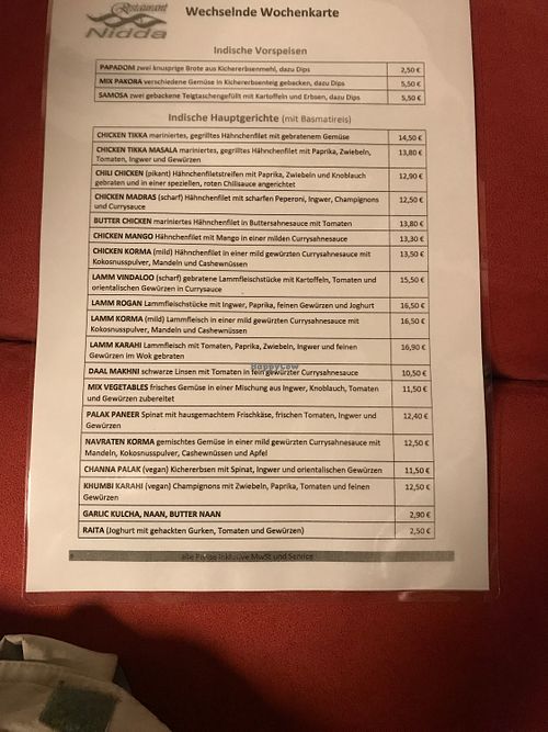 Indian menu at Nidda in Frankfurt