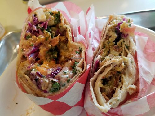 Falafel Wrap is full of flavor. Ask for vegan and specify mild or spicy. at Hummus Mediterranean Grill in Hagerstown