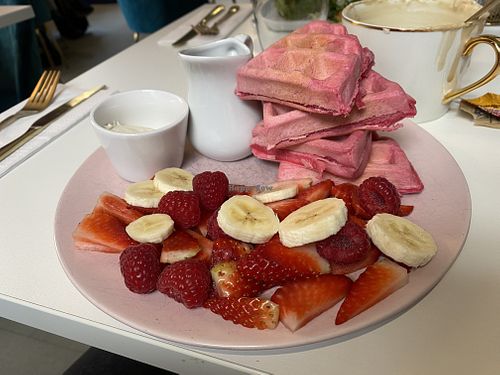 Lovely pink waffles at Naked Bakery in Edinburgh