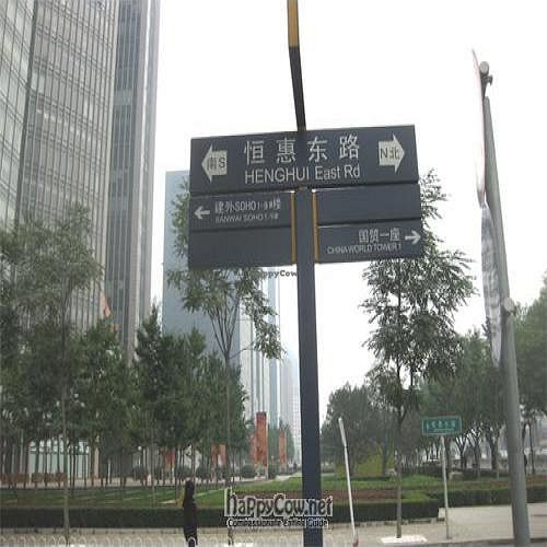 Walk straight down the steps of exit D of Guo Mao #1 line, and across the little park area and you should see this sign. at Beijing Vegan Hut in Beijing