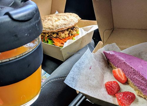 Tofu-tempeh-mushroom burger, berry cheesecake and cold pressed OJ. YUM! at Healing Leaves in Mirboo North