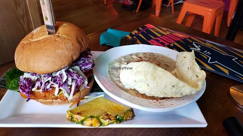 Buffalo tempeh sando with chowder at No Bones Beach Club in Chicago