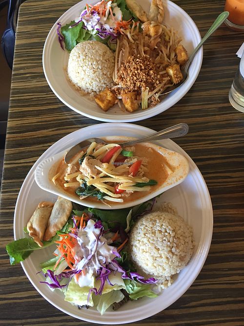 Two lunch sets - mains were pad Thai and tofu and red curry at LA Vegan in Los Angeles
