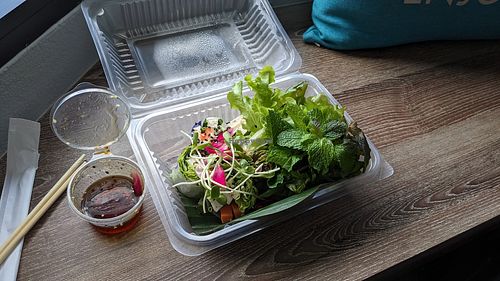 leftover spring rolls, lettuce, herbs, sauce ! at Ginger Farm Kitchen in Chiang Mai