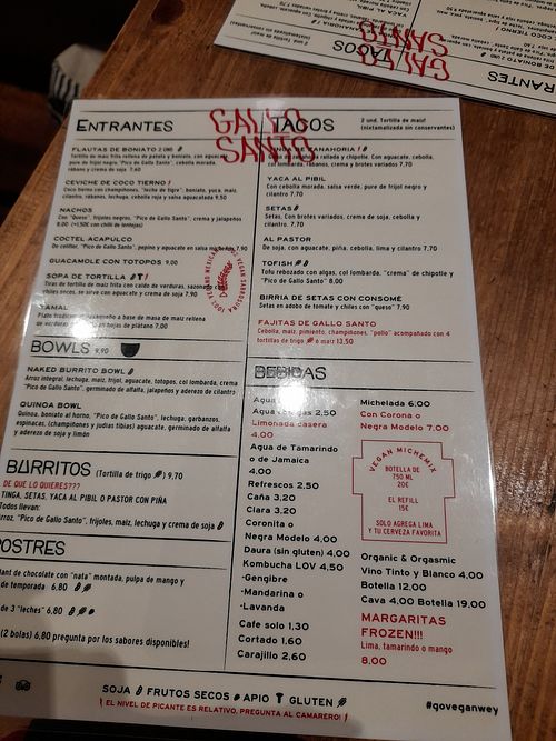 Gallo Santo menu - December 2022 at Gallo Santo in Barcelona