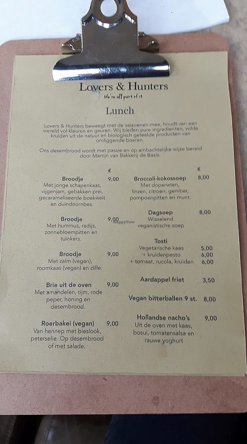 Menu includes hummus sandwich, vegan scramble, vegan grilled cheese and vegan bitterballen. at Lovers & Hunters in Broek Op Langedijk