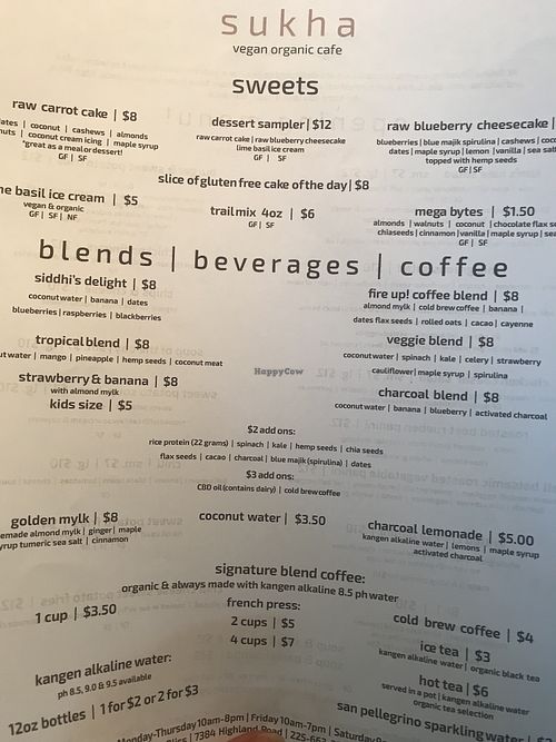 Menu at Sukha Cafe in Baton Rouge