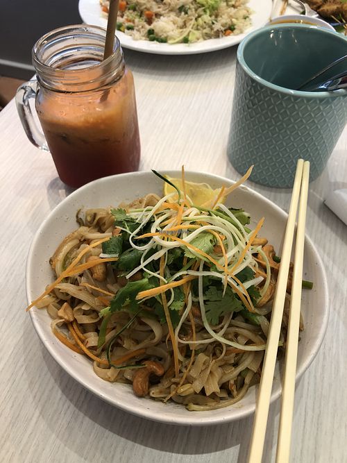 Pad thai and beer juice  at Loving Hut in Northbridge