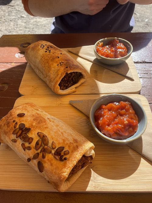 Pumpkin roll and mushroom roll, both delicious with chutney!   at The Trail Cafe in Mount Evelyn