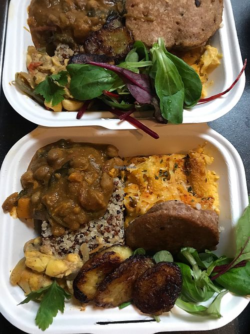 Blissful platter (chick peas, macNcheez, bakes,, coconut Ackee, fried plantain) at Blissful Kitchen  in North London