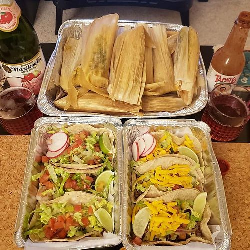 Vegan ground beef tamales, tempeh tacos and vegan ground beef tacos. Yum yum yum! at Los Compadres in Fort Lee