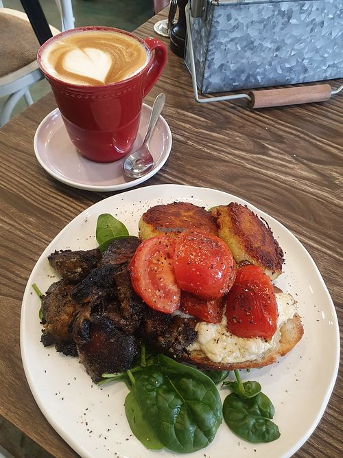 Mushrooms,  potato rosti, tomato,  vegan feta,  toast, spinach. at Mareesa's in Belgrave