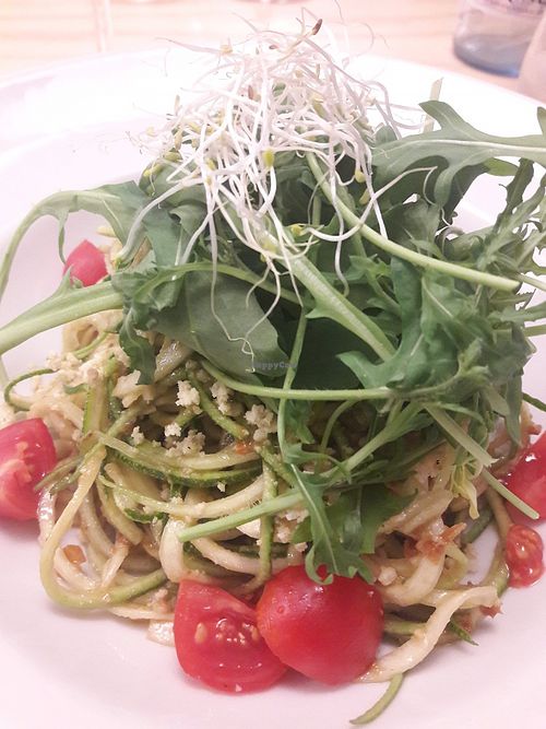 Zucchini spagetti. Nothing mind blowing, but a choice for us who prefer raw foods. at La Sociedad Herbivora in Malaga