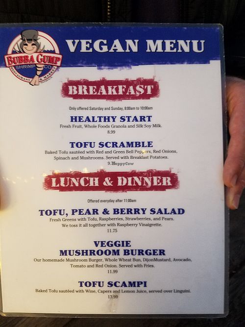 The vegan menu at Bubba Gump in Santa Monica