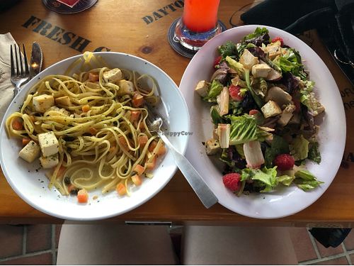Tofu scampi and tofu+fruit salad at Bubba Gump in Santa Monica