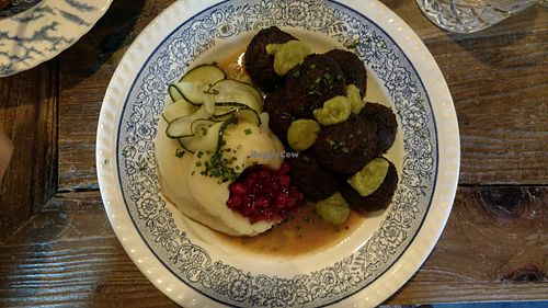 Amazing vegan balls with mash and loganberry and picked cucumber at Brasserie Uno in Zermatt