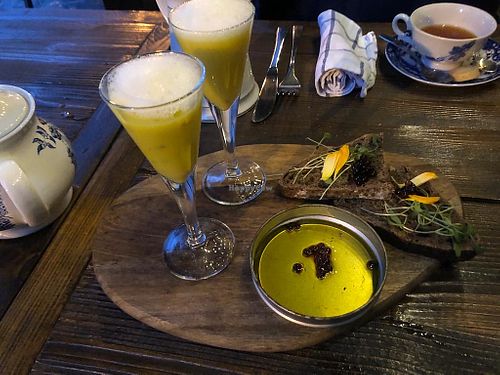 Saffron cold potato soup  at Brasserie Uno in Zermatt