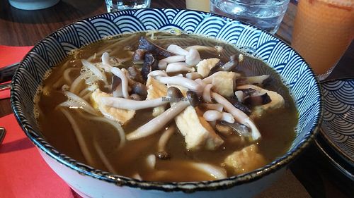 Mushrooms tofu udon noodles in curried broth  at Umai Mi in Newcastle Upon Tyne