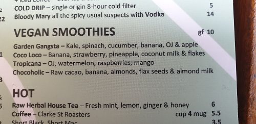 Vegan smoothies at 63 Degrees in Geelong West
