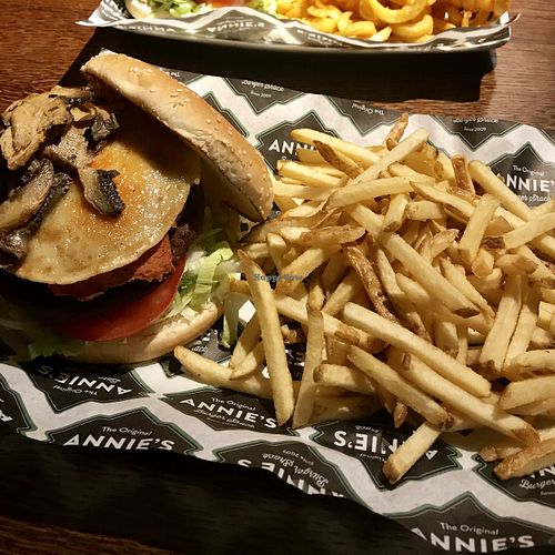 Breakfast burger and fries  at Annie's at the Courtyard in Worcester