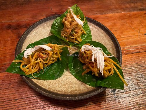 spicy papaya salad betel leaf wraps (part of vegan degustation 10 course meal) at Rice Paper Scissors in Fitzroy