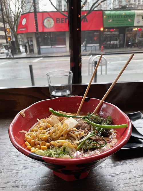 Vegan ramen w miso broth (Flying Vegan Harvest)  at JINYA Ramen Bar in Vancouver