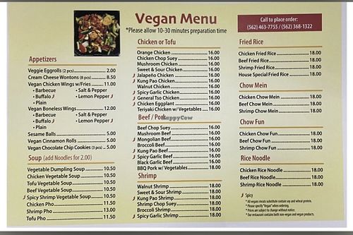 Vegan menu at Pots N Woks in Whittier