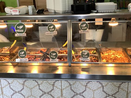 Various vegan meat options inside restaurant   at Pots N Woks in Whittier