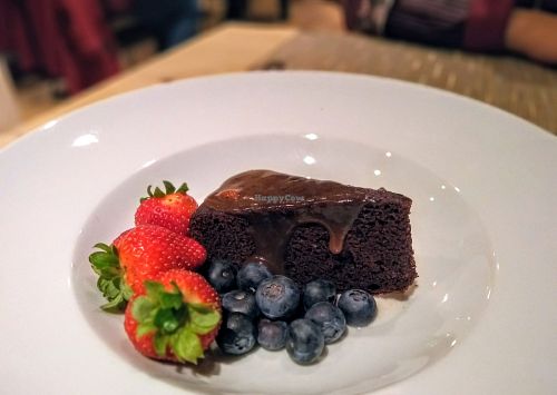 Chocolate cake with almond caramel at Blue Heron Restaurant in Santa Fe