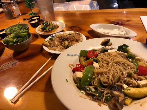 Chow mein made vegan by switching noodles to ramen.  at J.J. Wasabi's in Mooresville