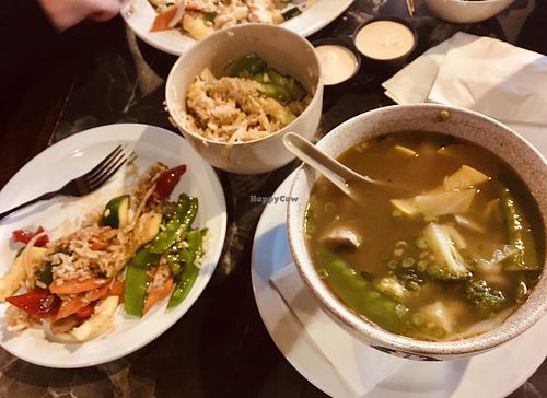Udon noodle soup with veggie fried rice. at J.J. Wasabi's in Mooresville