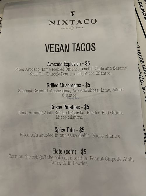 Vegan menu   at Nixtaco in Roseville