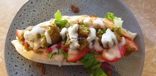 Pea falafel with pickle turnips, vegan mayo and salad at Feedback Cafe in Yarraville