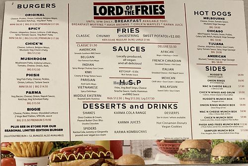 menu  at Lord of the Fries in Wellington