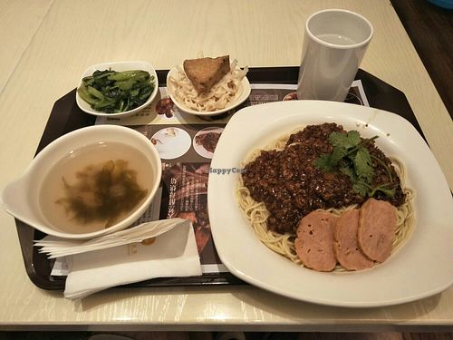 Greens, soup, tofu & noodles with soybean paste. at Táiwān RénDào SùCài in Shanghai