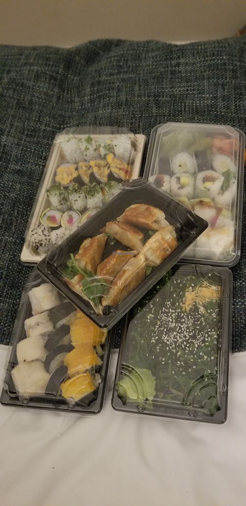 Gyoza, seaweed salad and 30 piece sushi combo.  at Legumi Sushi Vegan in Lisbon
