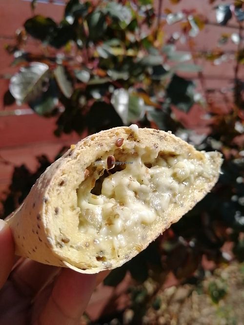 Empanada cebolla caramelizada, queso vegano sin gluten / gluten-free caramelized onions and vegan cheese empanada at Veggie Lunch in Santiago