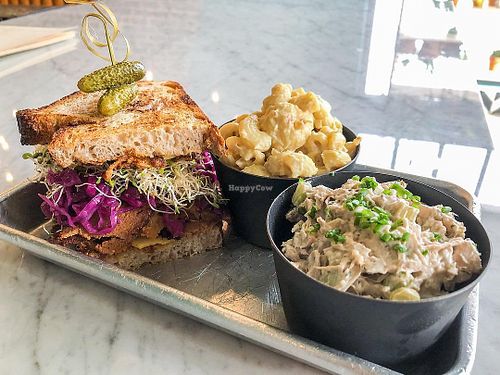 Pastrami sandwich, jackfruit chicken salad, cauliflower mac and cheese at Counterpart Vegan in Los Angeles