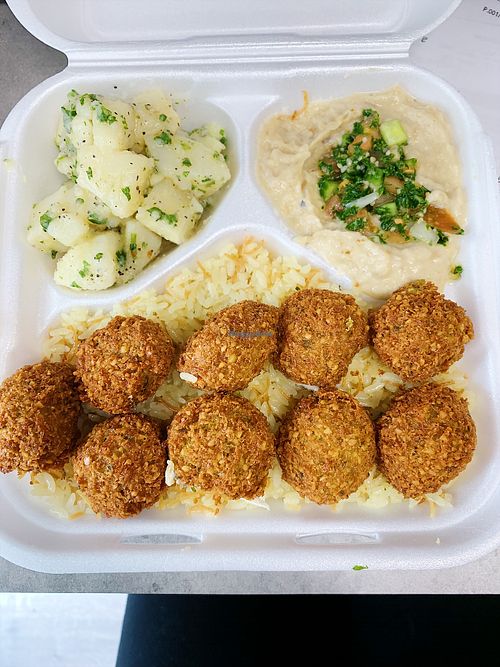Falafel plate w/ potato salad & baba ghanoush. All vegan  at JDO Mediterranean in Whittier
