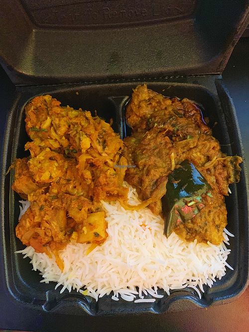 2 item combo w/ aloo gobhi (left) & eggplant (right)  at Curry Hut in Pico Rivera