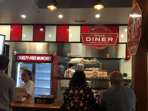 Serving counter at Munchies Vegan Diner in Santa Ana
