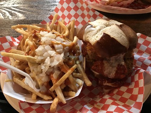 Chicken parm sandwich & human fries  at Munchies Vegan Diner in Santa Ana
