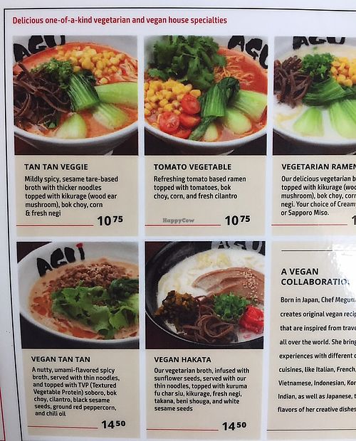 Vegan options  at Agu Ramen in Dallas