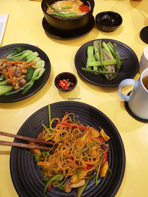 Fried noodles, bok choi and Thai noodle soup at Fast Vegans in Ho Chi Minh City